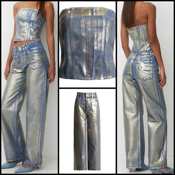 Women Sexy Fashion Strapless Metallic Denim Two Piece Pant Set