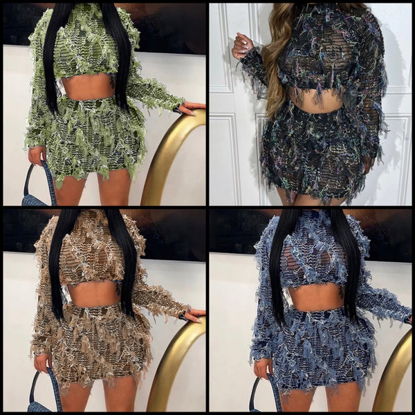 Women Full Sleeve Faux Fur Mesh Two Piece Skirt Set