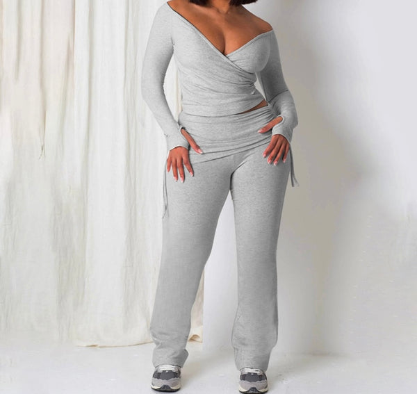 Women Fashion Solid Color Off The Shoulder Ruched Two Piece Pant Set