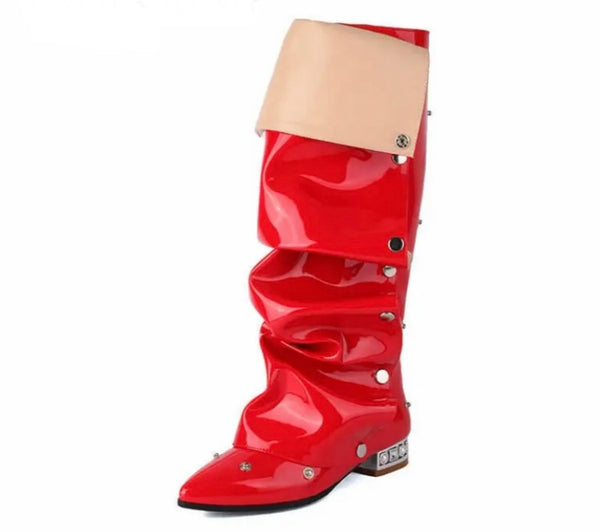 Women Fashion Pointed Toe Patent Leather Button Flat Boots