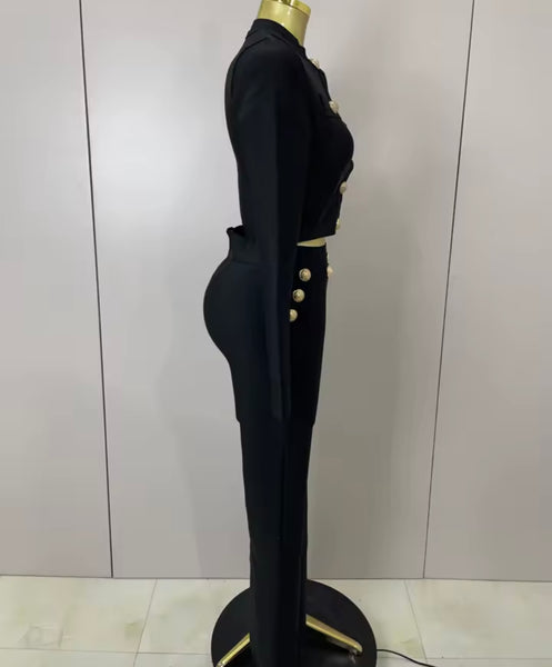 Women Black Button Up Full Sleeve Two Piece Pant Set