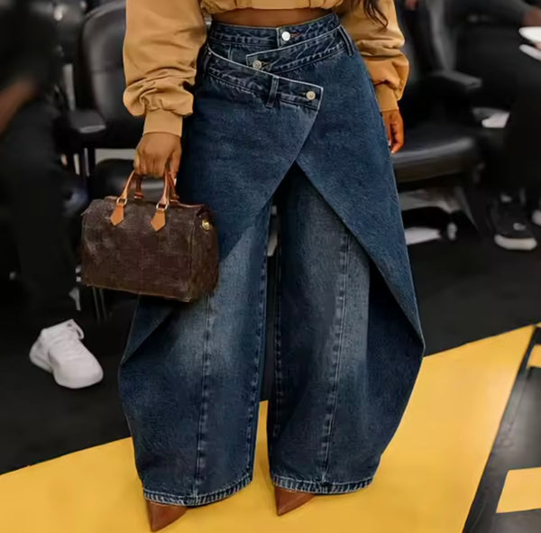 Women Fashion Wide Leg Wrap Denim Pants
