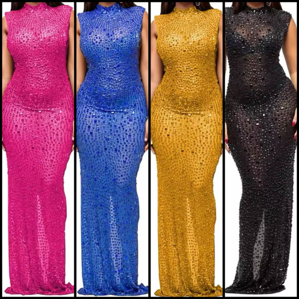 Women Sexy Solid Color Sleeveless Beaded Mesh Maxi Dress