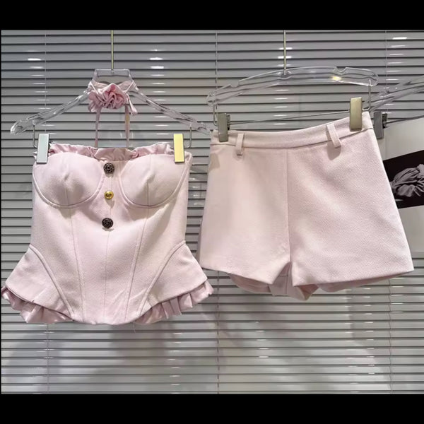 Women Pink Ruffle Strapless Two Piece Short Set