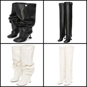 Women Faux Leather Square Toe Over The Knee Ruched Boots