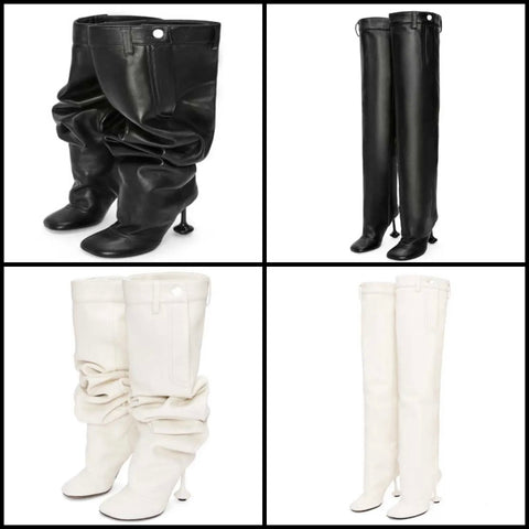 Women Faux Leather Square Toe Over The Knee Ruched Boots