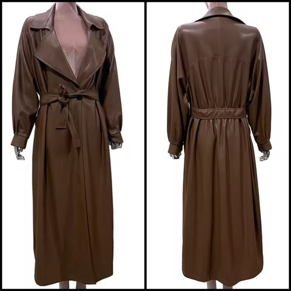 Women Fashion Brown Button Belted Faux Leather Trench Jacket