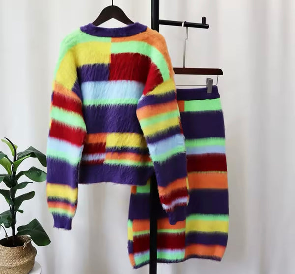 Women Fashion Multicolored Button Up Two Piece Skirt Set