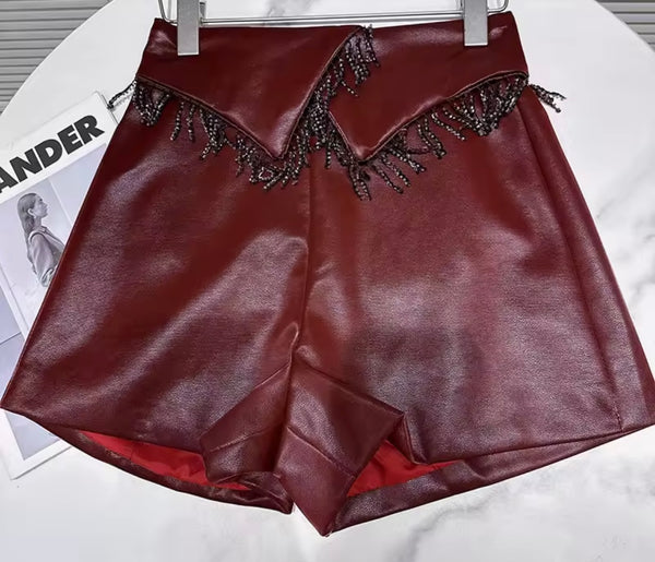 Women Color Fashion Faux Leather Tassel Shorts