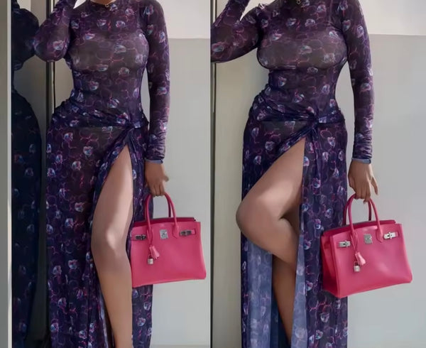 Women Sexy Purple Printed Full Sleeve Side Split Maxi Dress