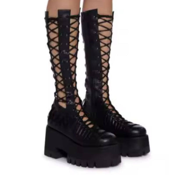 Women Black Platform Fashion Cut Out Lace Up Ankle Boots