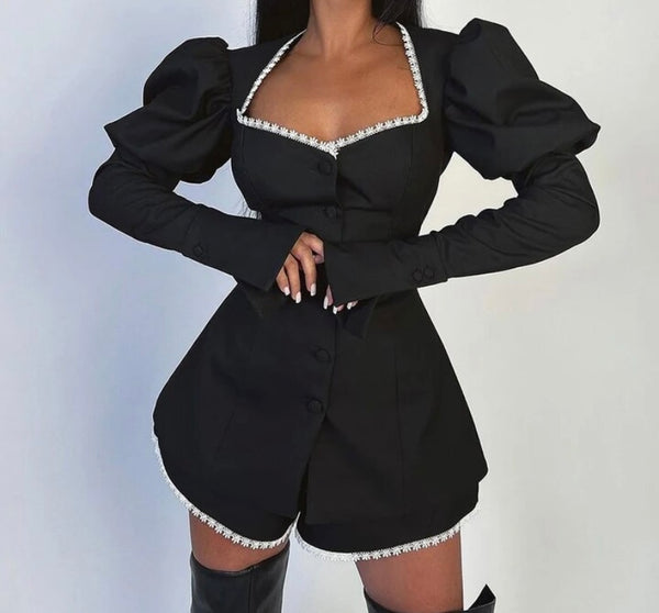 Women Black Rhinestone Full Sleeve Fashion Two Piece Short Set