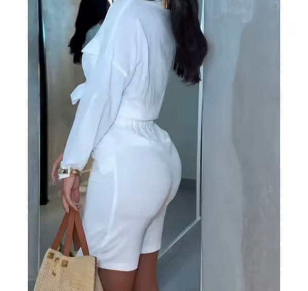 Women White Fashion Full Sleeve Crop Two Piece Short Set