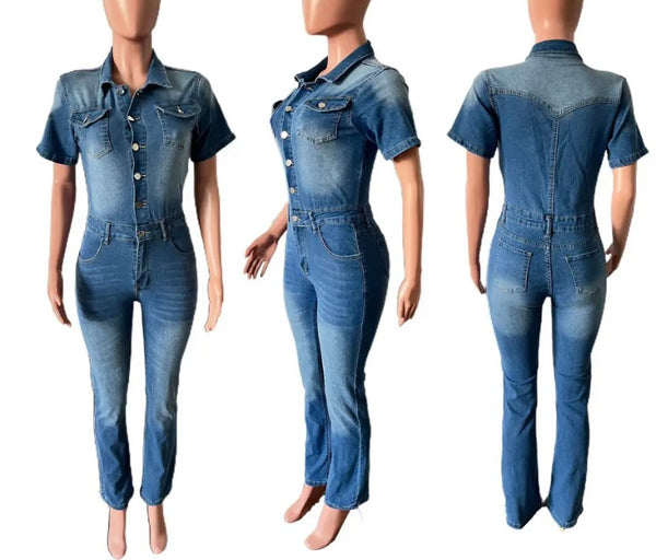 Women Fashion Button Up Short Sleeve Denim Jumpsuit