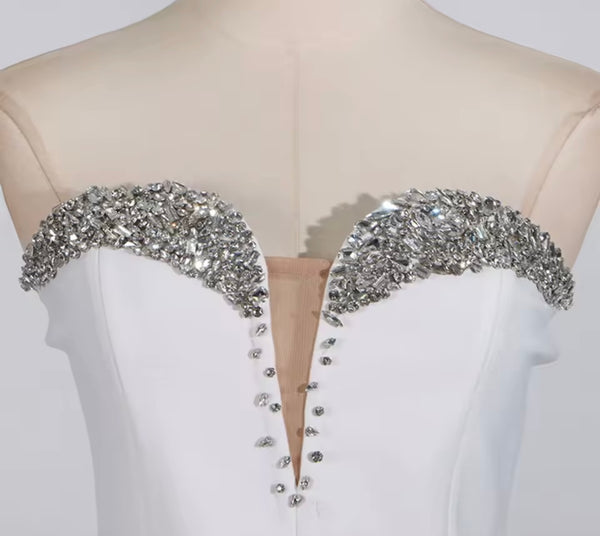 Women White Sexy Strapless Rhinestone Patchwork Dress