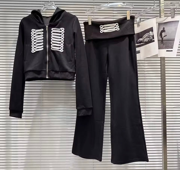 Women Embroidered Hooded Full Sleeve Two Piece Tracksuit Pant Set