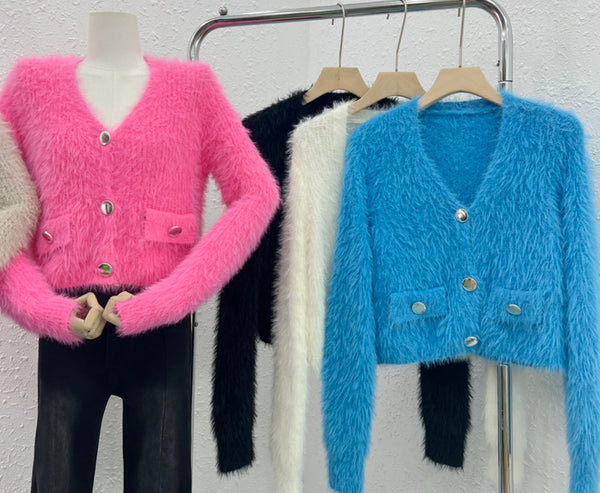 Women Color Button Up Furry Fashion Sweater Top