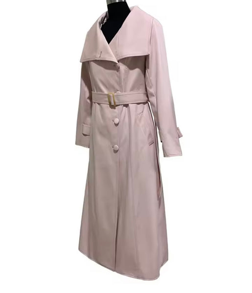 Women Fashion Pink Faux Leather Trench Jacket