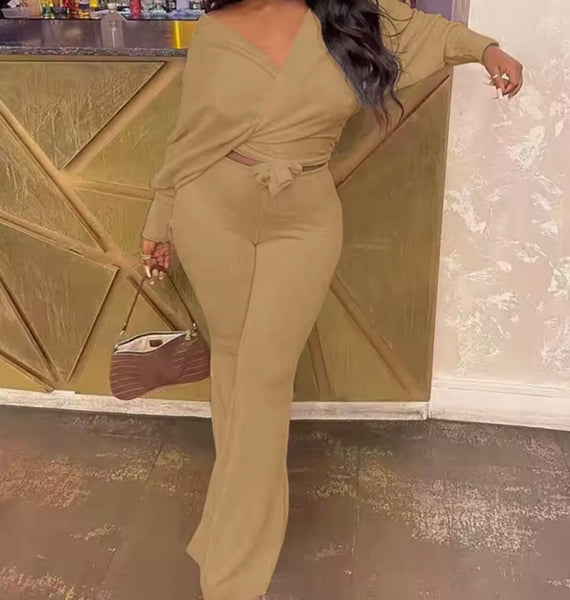 Women Fashion Full Sleeve Tie Up Crop Two Piece Pant Set