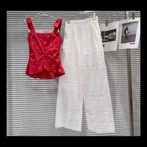 Women Sleeveless Red/White Heart Print Two Piece Pant Set
