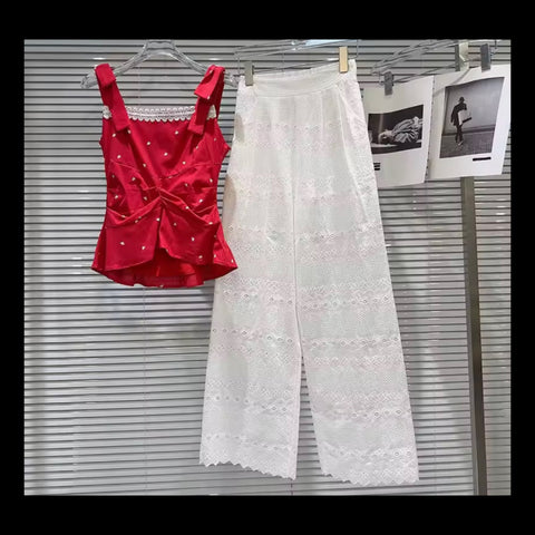 Women Sleeveless Red/White Heart Print Two Piece Pant Set