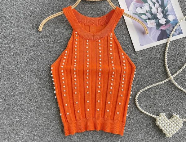 Women Fashion Sleeveless Pearl Crop Top