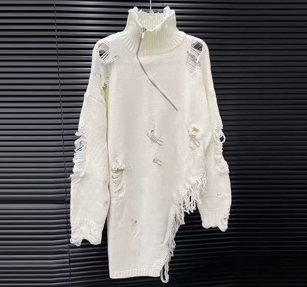 Women Turtleneck Ripped Safety Pin Asymmetrical Zip Up Sweater Top