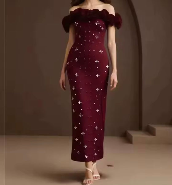 Women Floral Strapless Beaded Rhinestone Maxi Dress