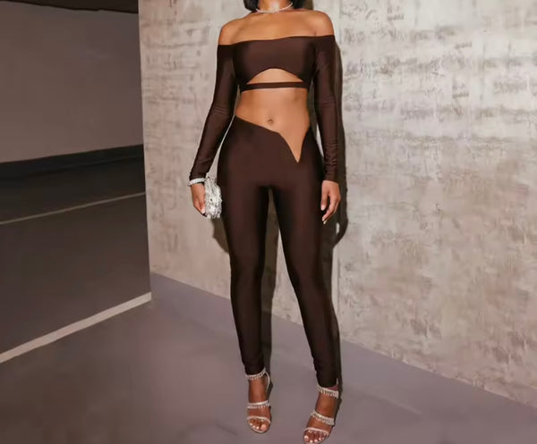 Women Off The Shoulder Cut Out Full Sleeve Crop Two Piece Pant Set