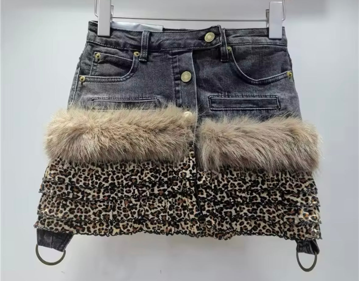 Women Fashion Faux Fur Leopard Denim Skirt