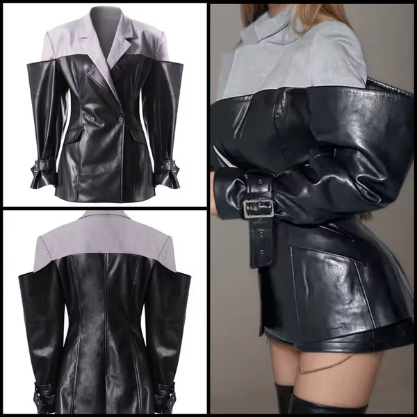 Women Fashion Color Patchwork Faux Leather Button Up Blazer Jacket
