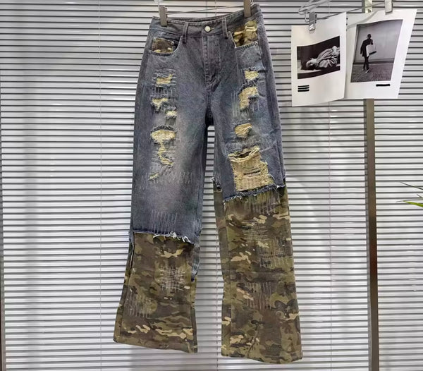 Women Fashion Blue Ripped Camouflage Denim Pants