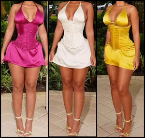 Women Color Sexy Satin Halter Sleeveless Corset Dress