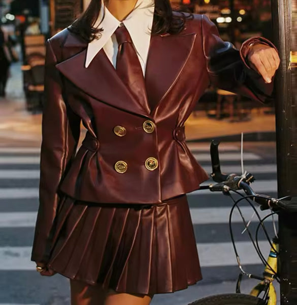 Women Fashion Faux Leather Burgundy Jacket Two Piece Pleated Skirt Set