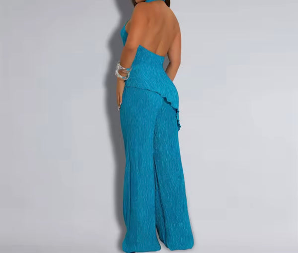 Women Halter Sleeveless Open Back Fashion Two Piece Pant Set