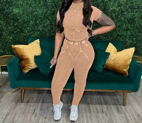 Women Fashion Ribbed Short Sleeve Two Piece Pant Set