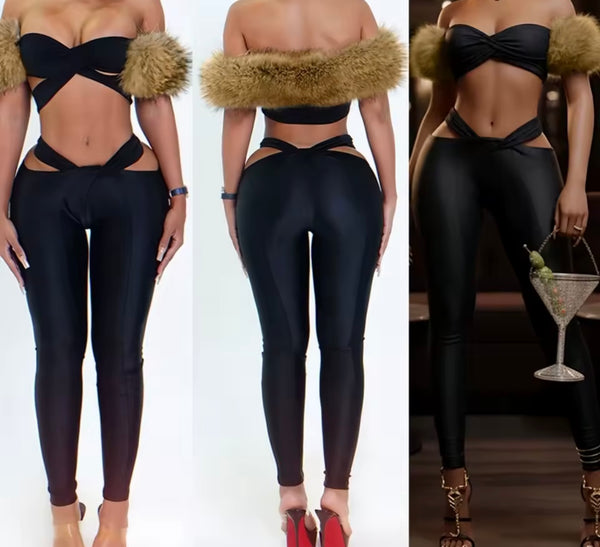 Women Sexy Strapless Black Fur Patchwork Two Piece Pant Set