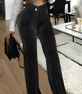 Women Fashion Solid Color Velour Ribbed Boot-Cut Pants