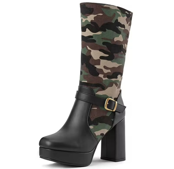 Women Color Camouflage Buckle Knee High Boots