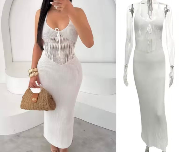 Women Sexy White Halter Sleeveless Knitted Maxi Dress