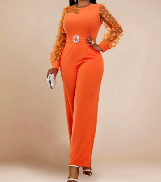 Women Sexy Orange Full Sleeve Belted Wide Leg Jumpsuit