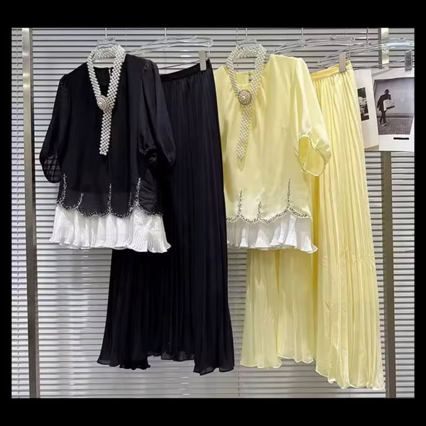 Women Short Sleeve Pearl Belted Two Piece Pleated Maxi Skirt Set
