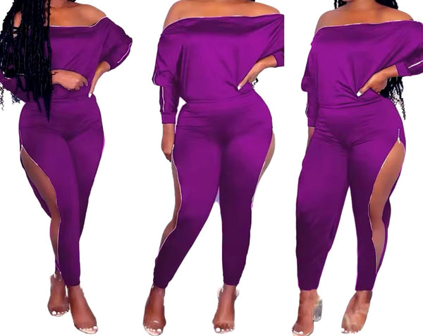 Women Fashion Off The Shoulder Full Sleeve Zipper Two Piece Pant Set