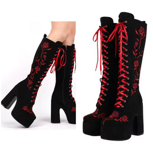 Women Black Suede Red Floral Lace Up High Heel Platform Boots