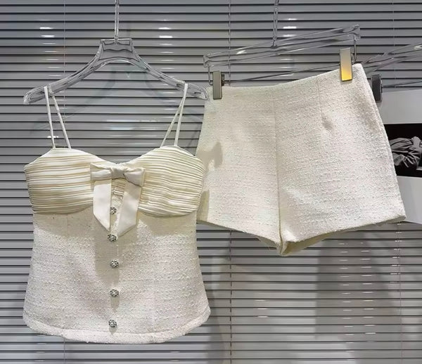 Women Sleeveless Bow Color Two Piece Short Set