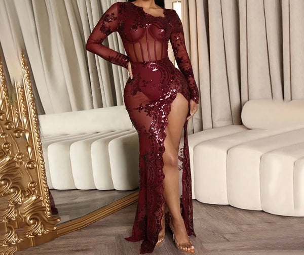 Women Sexy Sequins Print Mesh Full Sleeve High Split Maxi Dress