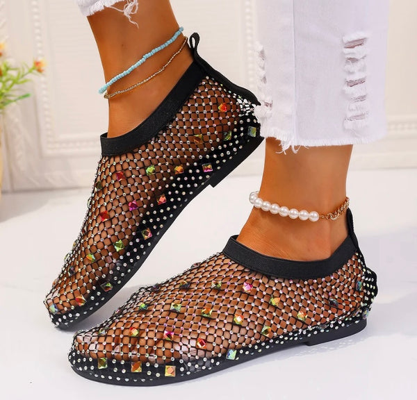 Women Fashion Bling Crystal Netted Flat Sandals