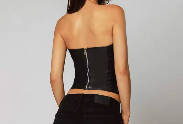 Women Strapless PU Ripped Fashion Crop Top