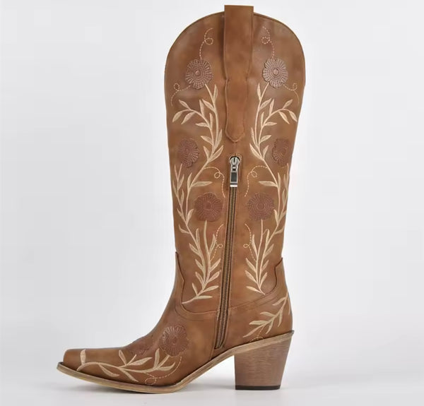 Women Fashion Color Floral Print Knee High Western Boots