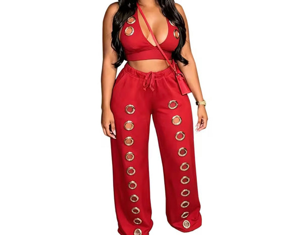 Women Fashion Halter Sleeveless Metal Ring Two Piece Pant Set